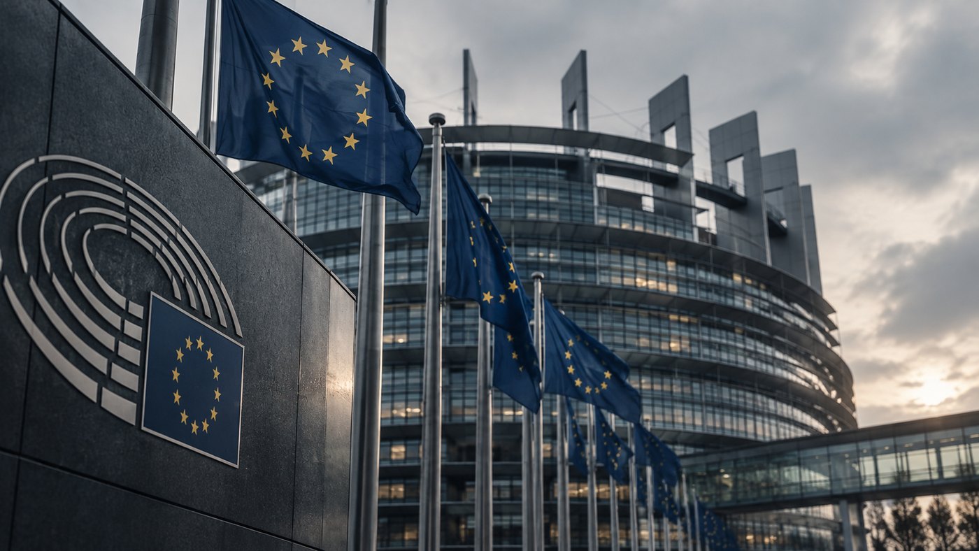 Parlamento europeo e bandiere dell'Unione europea a Strasburgo
