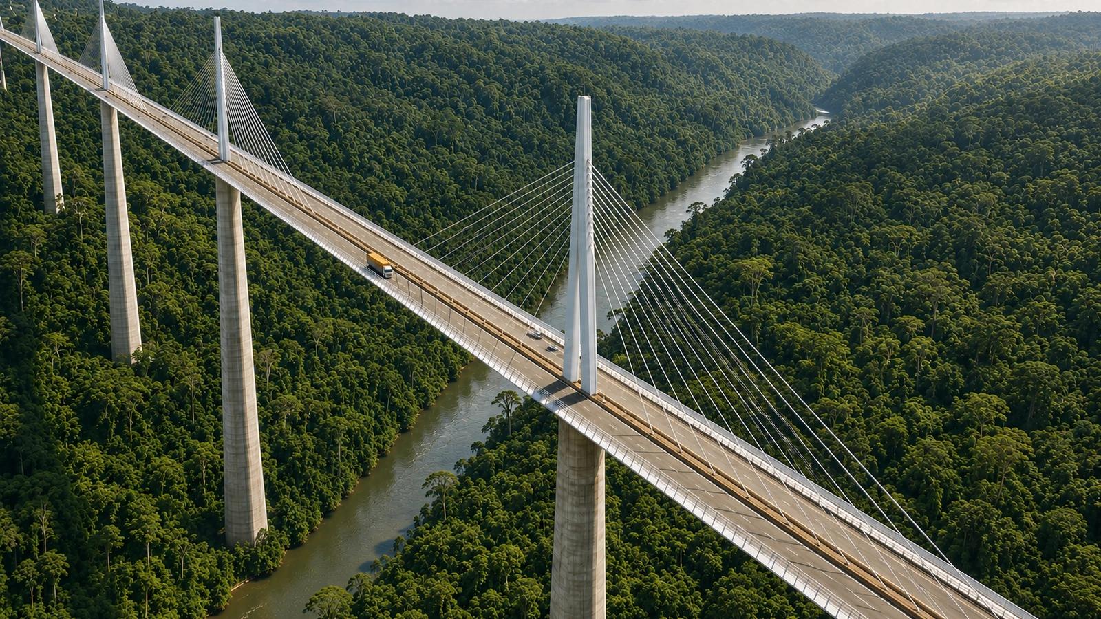 Cable-stayed bridge crossing a forest valley